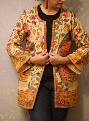 kimono, summer wear, jacket, colorful, brown, blue, green, embroidery, full sleeves, front open