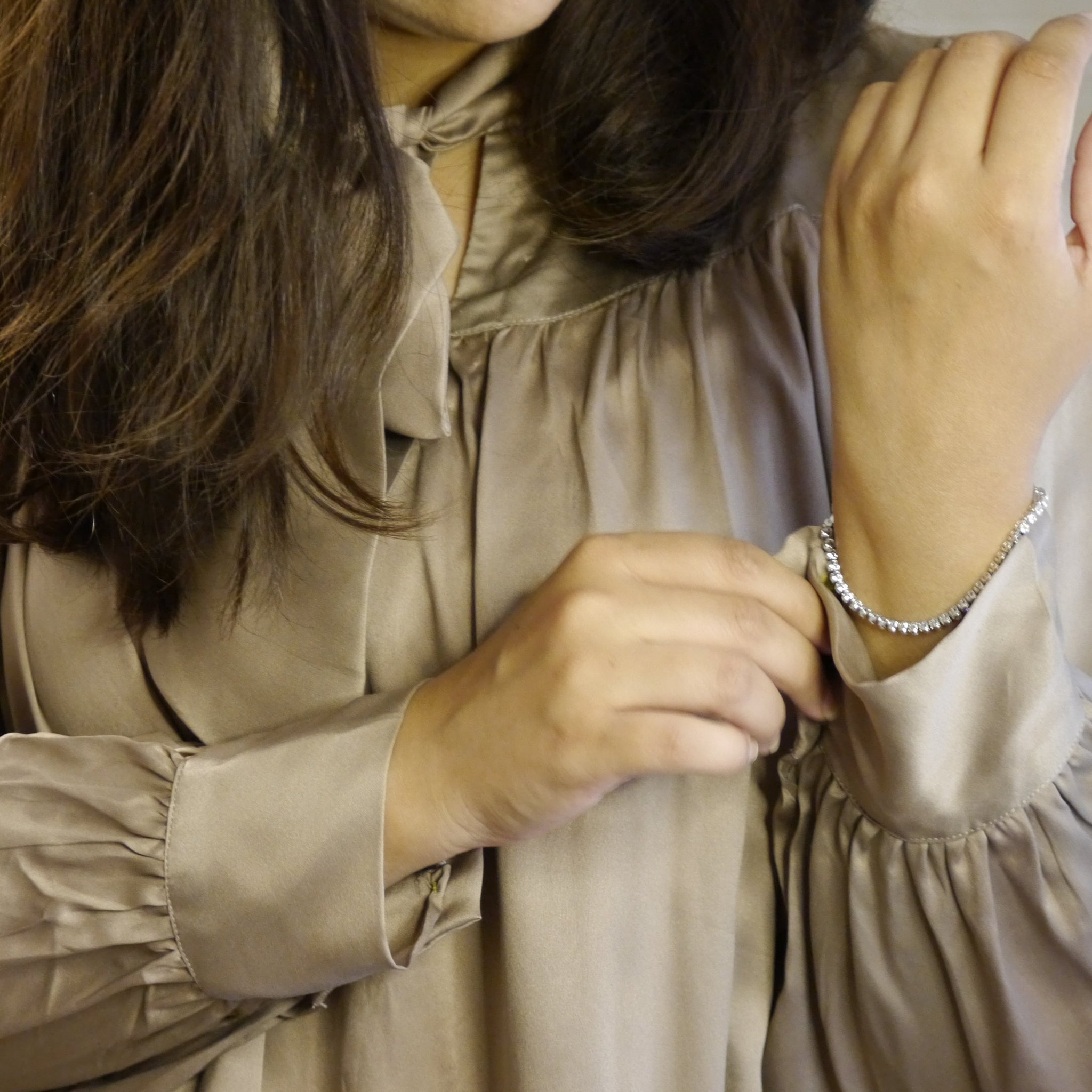 silk, blouse, bow tie, cuffs, silhouette, brown, copper, modest clothing, gathered sleeves, monochrome, evening wear